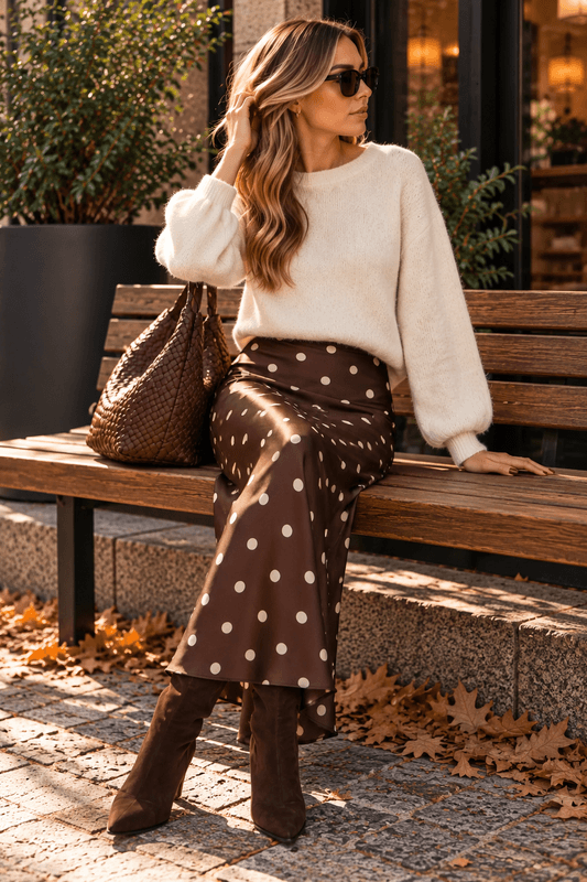 Vila Viellette Satengskjørt Coffee Bean Sandshell Dots
