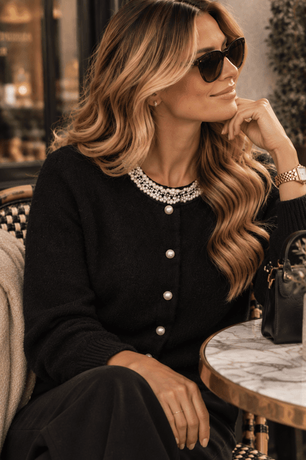 Hovedbilde Freequent Grsflirt Cardigan Black Perledetaljer